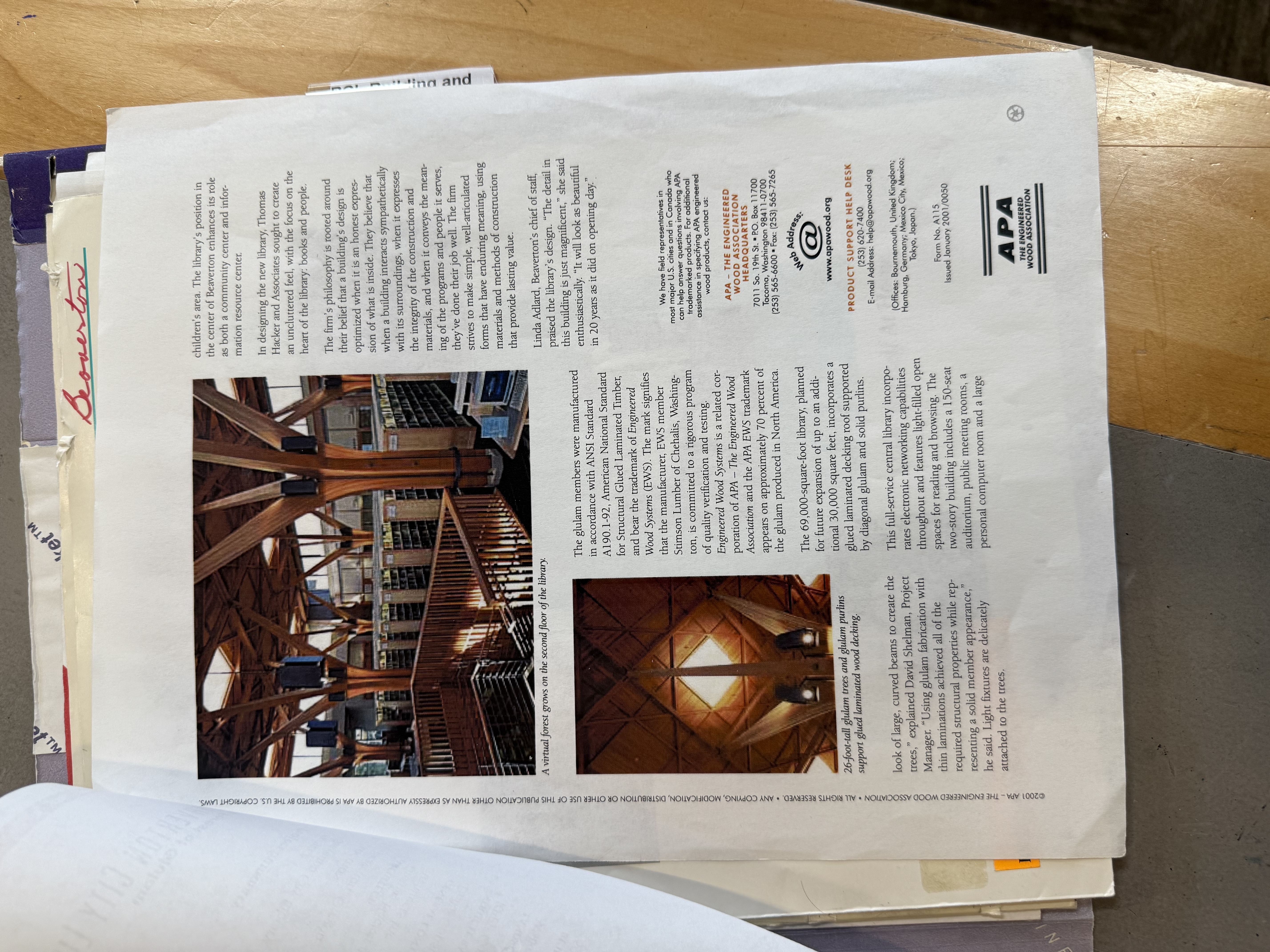 Interior page of the APA case study showing additional photos of the glulam structure and specification details