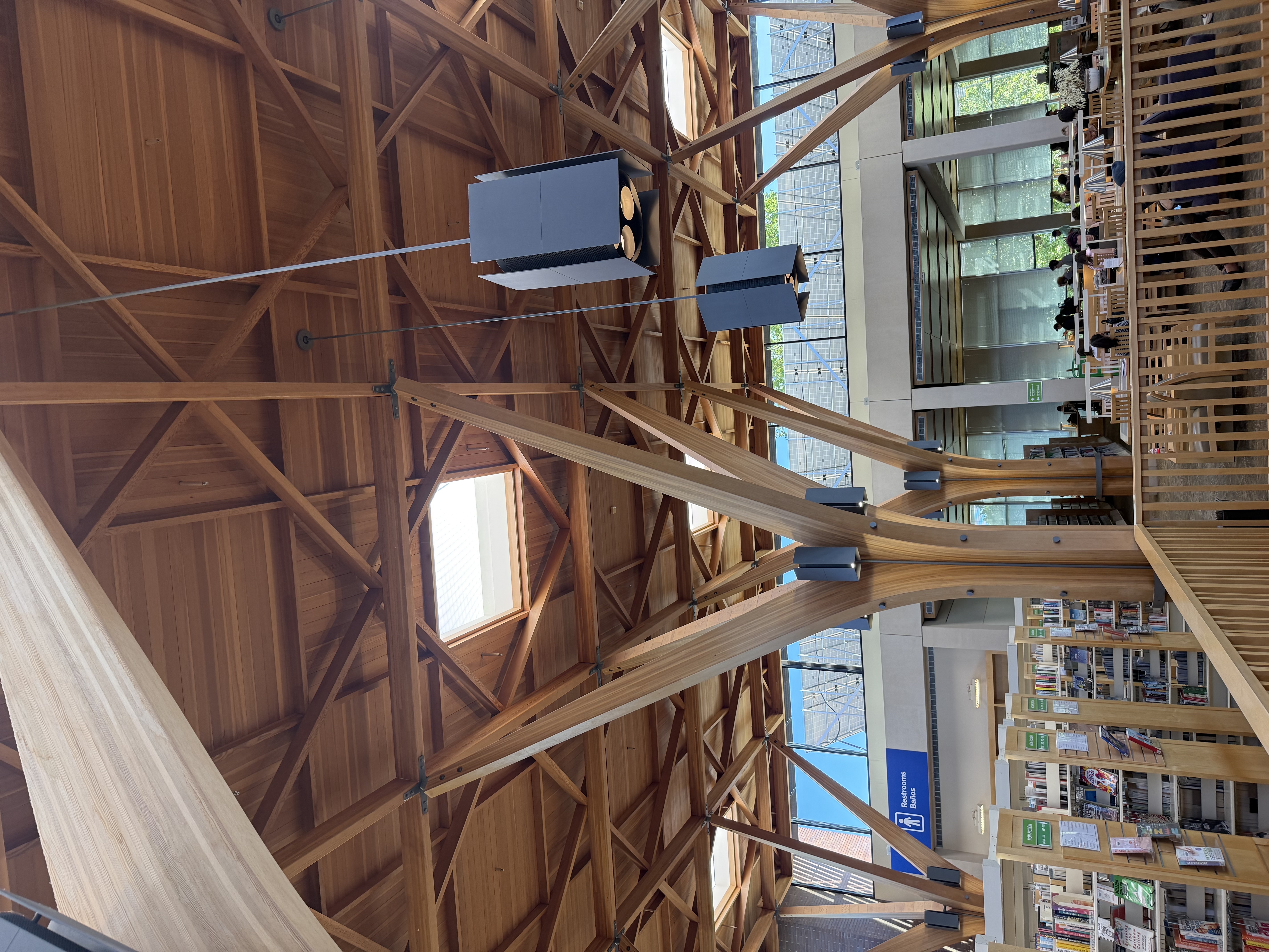 Wide view of the lattice ceiling showing the repeating geometry, skylights, and the library bookshelves below