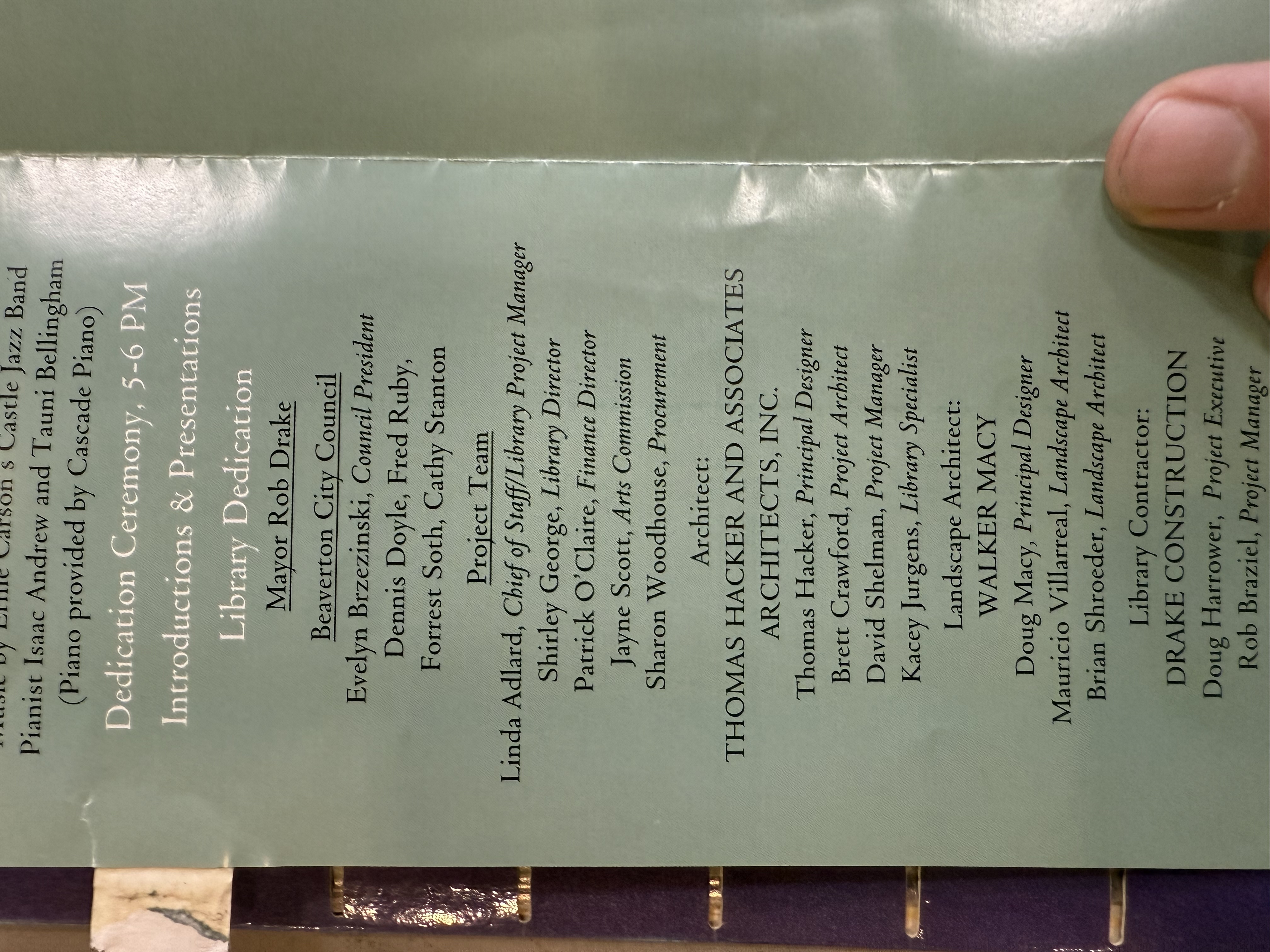 Dedication ceremony pamphlet showing Thomas Hacker and Associates listed as architect and Drake Construction as library contractor